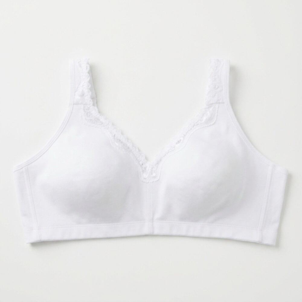 Women 48C Everyday Bra Wireless Full Cup Non-Padded Lace Trim White Comfort New